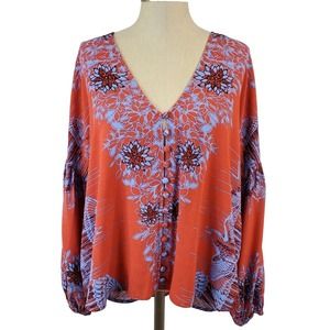 Free People Birds of a Feather Printed Peasant Top Red XS Puff sleeve Boho